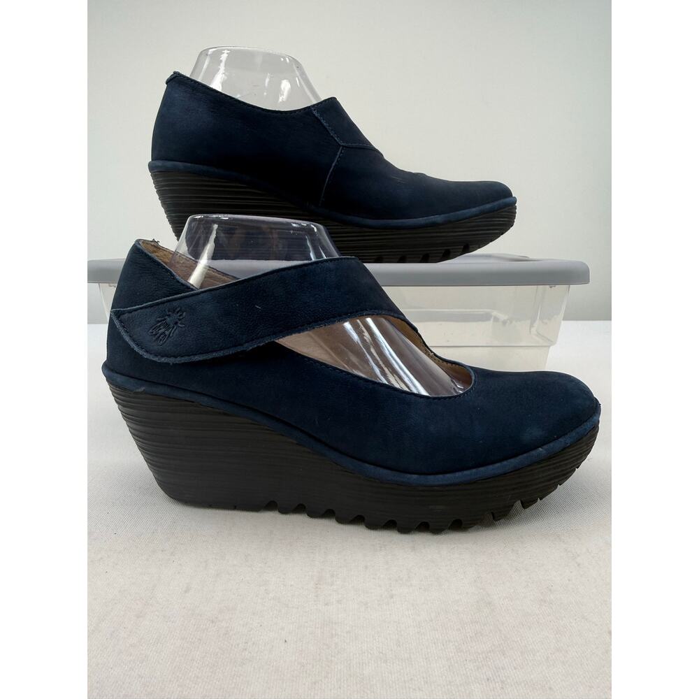 Fly London Blue Leather Mary Jane Wedges EU 40 Lagenlook Chunky Platform Heels